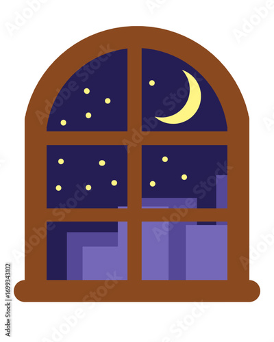 A cartoon illustration of a window with a night view