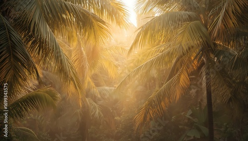 A tropical palm tree silhouette on a paradise island beach against a vibrant summer sunset sky over the ocean
