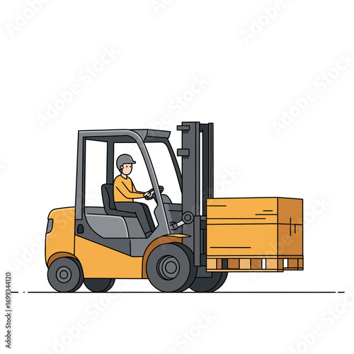 An illustration of a worker operating a yellow forklift, moving a large wooden crate on a pallet, depicting industrial logistics.