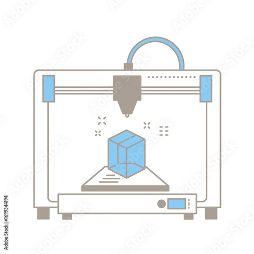 Line art illustration of a 3D printer creating a blue cube, symbolizing modern manufacturing and rapid prototyping technology.