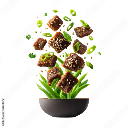 pieces of bulgogi beef marinated with sesame seeds and scallions suspended