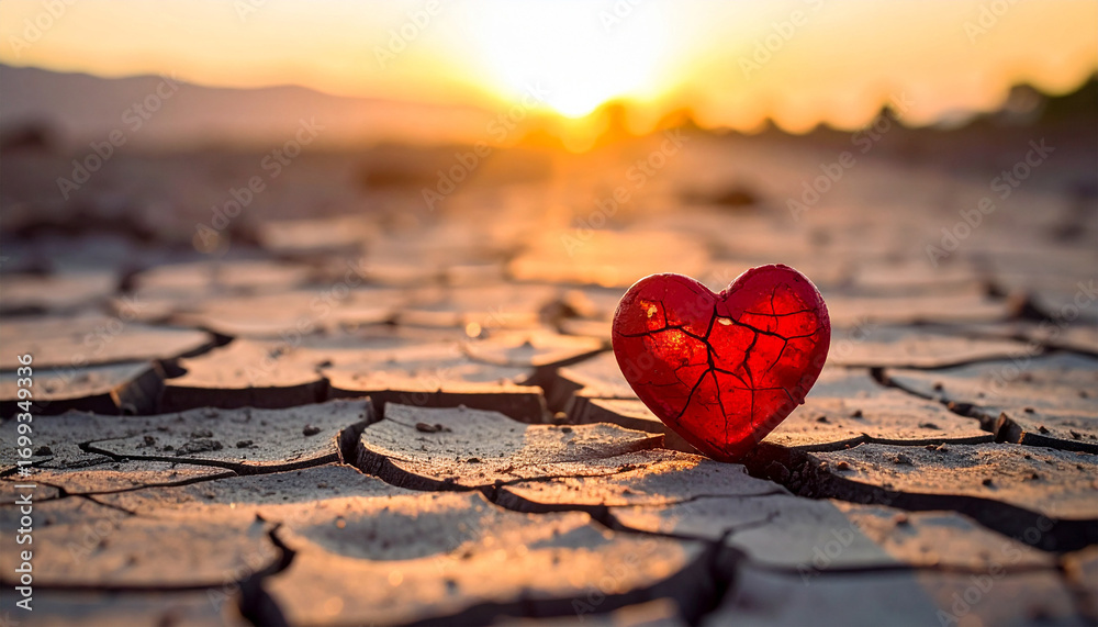 Fototapeta premium Broken Heart in the Sunset: A poignant image of a shattered, crimson heart resting on cracked earth, symbolizing heartbreak against a beautiful sunset.