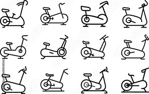 Twelve black line art icons of stationary exercise bikes on white cycle workout
