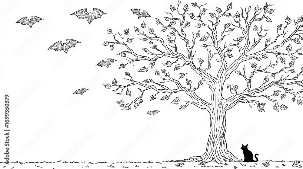 Fototapeta premium Spooky scene a tree, bats, and a cat
