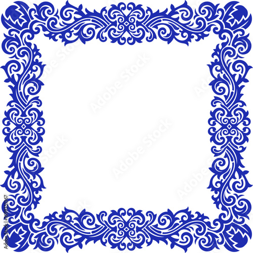 Ornate Blue Frame with Floral Scrollwork, Elegant Floral Border with Intricate Leaf and Bloom Details, frame design, glasses frame design, tiles pattern, frame decoration.