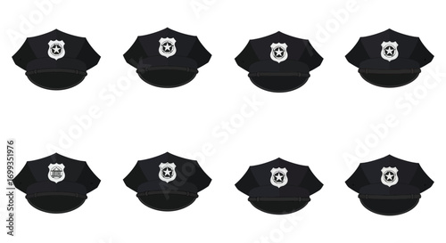 eight black caps arranged neatly in two rows