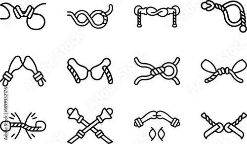 Collection of twelve black line art icons depicting various knots and ropes vector
