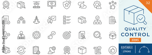 Quality control icon collection set. Editable stroke.