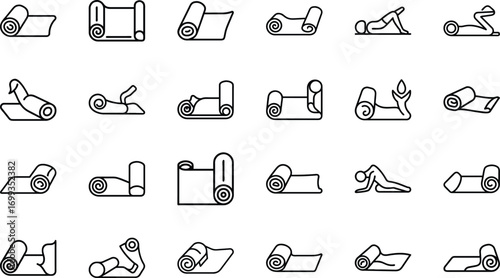 Collection of yoga mat line art icons in various poses roll unroll