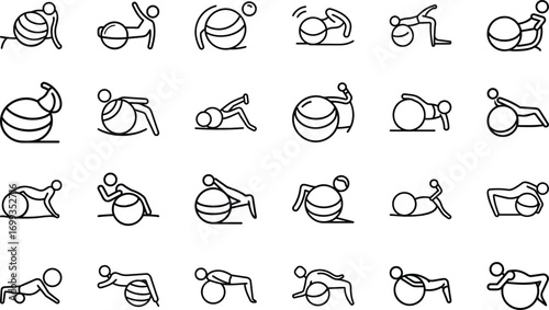 Collection of line art icons depicting people exercising with stability balls exercise