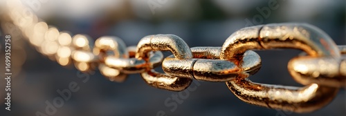Glimmering golden chain links shining under sunlight at outdoor location during early morning hours