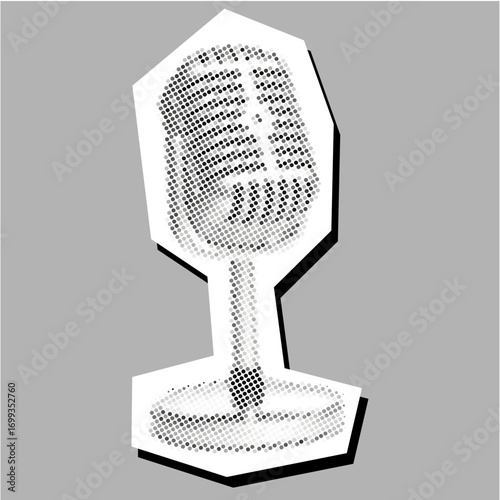 Vintage microphone halftone dotted collage element pointillize in paper torn vector. A unique design for music, broadcast, and retro themes
