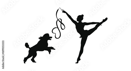 a graceful dancer and playful dog silhouette art