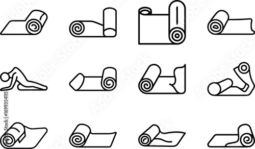 Bundle of yoga mat line art icons on white background roll rolled