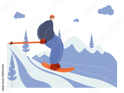 Skiing near icy hills with downhill terrain. Extreme Sports illustration. Flat vector illustration concept.