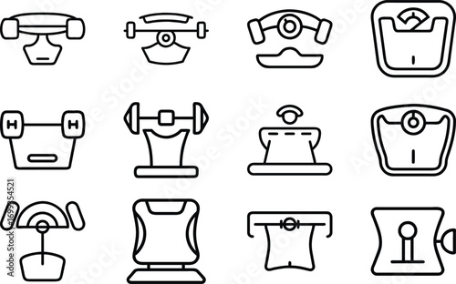 Collection of weight scale and fitness equipment line art icons exercise