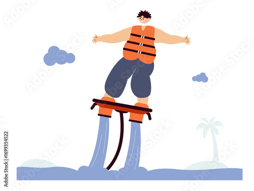 Boy playing flyboard on the beach casually. Extreme Sports illustration. Flat vector illustration concept.