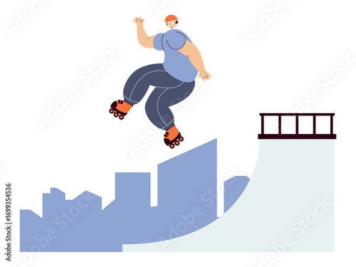 Professional roller skater athlete playing casually on challenging track. Extreme Sports illustration. Flat vector illustration concept.