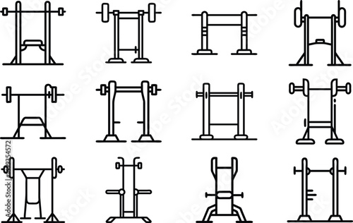 Collection of twelve black line art icons of weightlifting equipment barbell bench