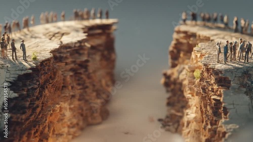 Miniature People Standing on a Cracked Globe representing Fragmented Society and Global Challenges