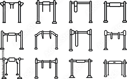 Collection of line art icons depicting pull up bars and gym equipment fitness
