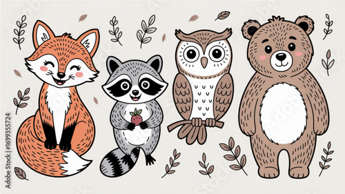 Cute woodland animals illustration fox raccoon owl bear vector design for kids and nursery decor art