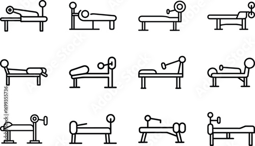 Collection of black line art icons depicting weightlifting benches press exercise