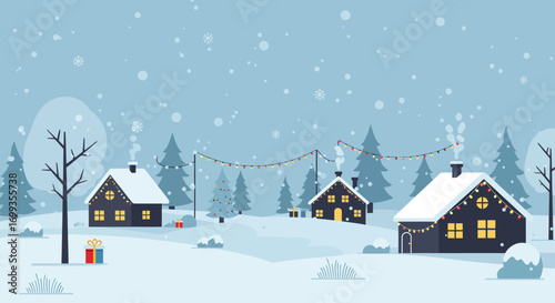 This Flat Design vector illustration presents a serene winter landscape featuring minimalist houses beautifully decorated with Christmas lights