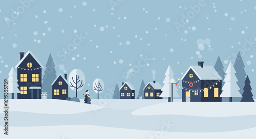 This Flat Design vector illustration presents a serene winter landscape featuring minimalist houses beautifully decorated with Christmas lights