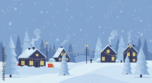 This Flat Design vector illustration presents a serene winter landscape featuring minimalist houses beautifully decorated with Christmas lights