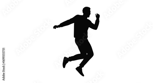 a silhouette figure leaping energetically against white background