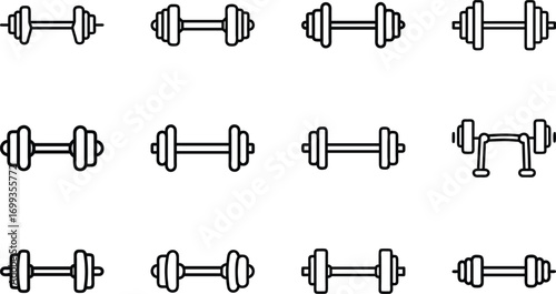 Collection of black line art icons representing various dumbbells barbell weight