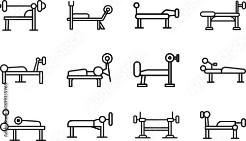 Collection of black line art icons depicting weightlifting benches and barbells press
