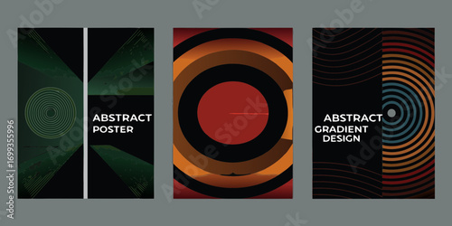 Set of three abstract graphic design posters with circular and wavy patterns in dark colors