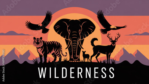 Wildlife animals in wilderness at sunset vector art illustration for nature and safari adventure lovers