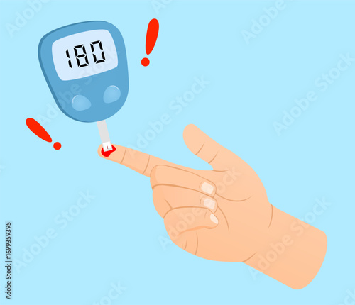 Measuring blood sugar level using glucometer. Glucometer shows a bad result