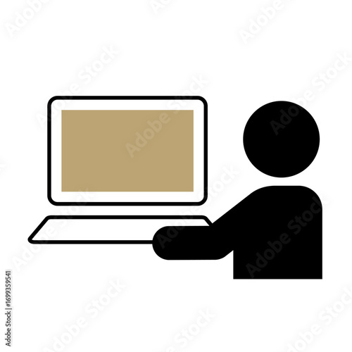 ノートパソコンに向かって作業する人物のシルエットイラスト｜デスクワーク・リモートワーク・在宅勤務を表すフラットアイコン素材