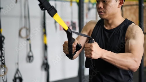 Athlete engages in resistance training using a suspension trainer to build strength