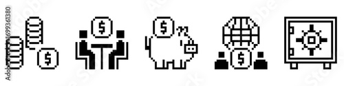 Set pixel finance icon vector for business, accounting, and monetary management. Useful for illustrating a collection of financial tools in a fun, retro, 8-bit aesthetic.