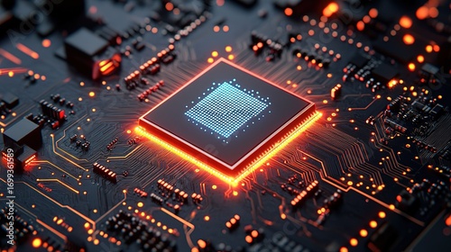 Close - up of Illuminated Microchip on Circuit Board