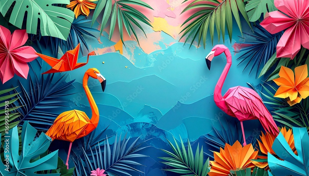 Naklejka premium Origami tropical flamingo summer background