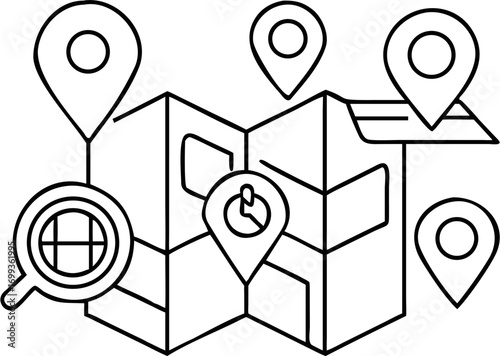 Vector outline drawing of a map with location pins and a magnifying glass for navigation and exploration use
