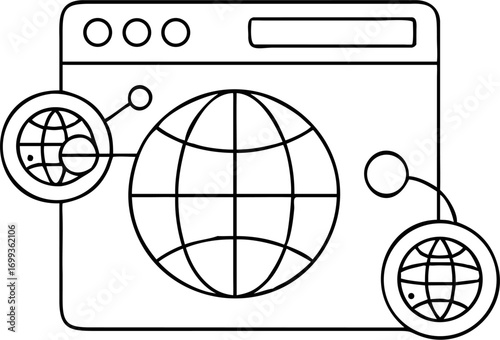 Vector outline drawing of a browser window with three globes connected representing internet connectivity