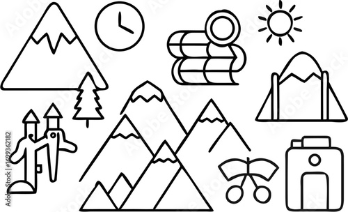 Vector illustration of mountains, clock, sun, tent, tree, cherries and house in black outline style drawing