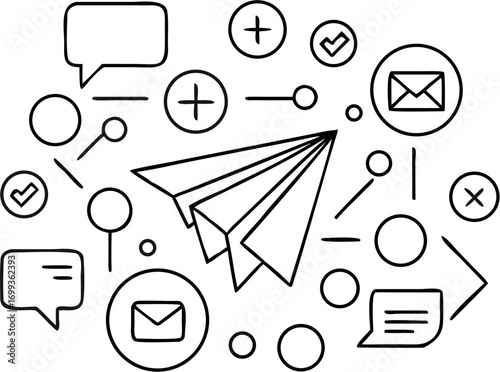 Vector paper airplane surrounded by communication icons including speech bubbles and email symbols in black outline