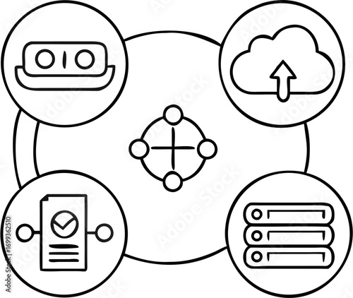 Vector illustration showing a network with vr headset cloud document and server connections in a circular design