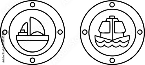 Vector two circular emblems showcasing boat icons with simple line art designs in a nautical theme illustration