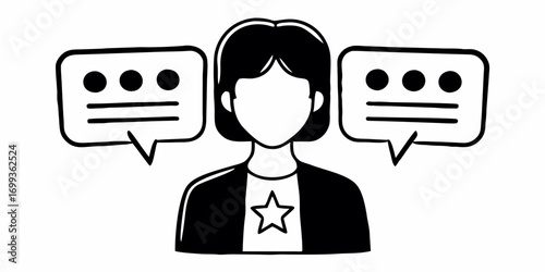 A faceless person with a star on their shirt and two speech bubbles with dots and lines next to them isolated