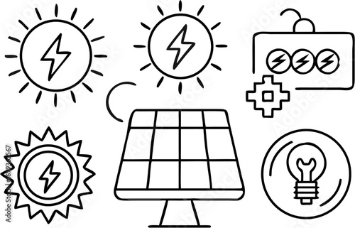 Vector illustration showing solar panels, sun icons with lightning bolts, lightbulb, and electrical components doodle