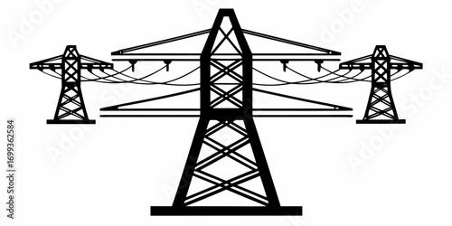 Three black and white electricity pylons connected by power lines against a white background in a vector image